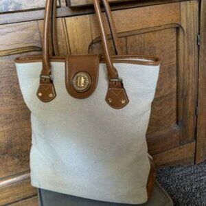 Isaac Mizrahi Cream Fabric Shoulder Bag Purse Brown Leather Strap